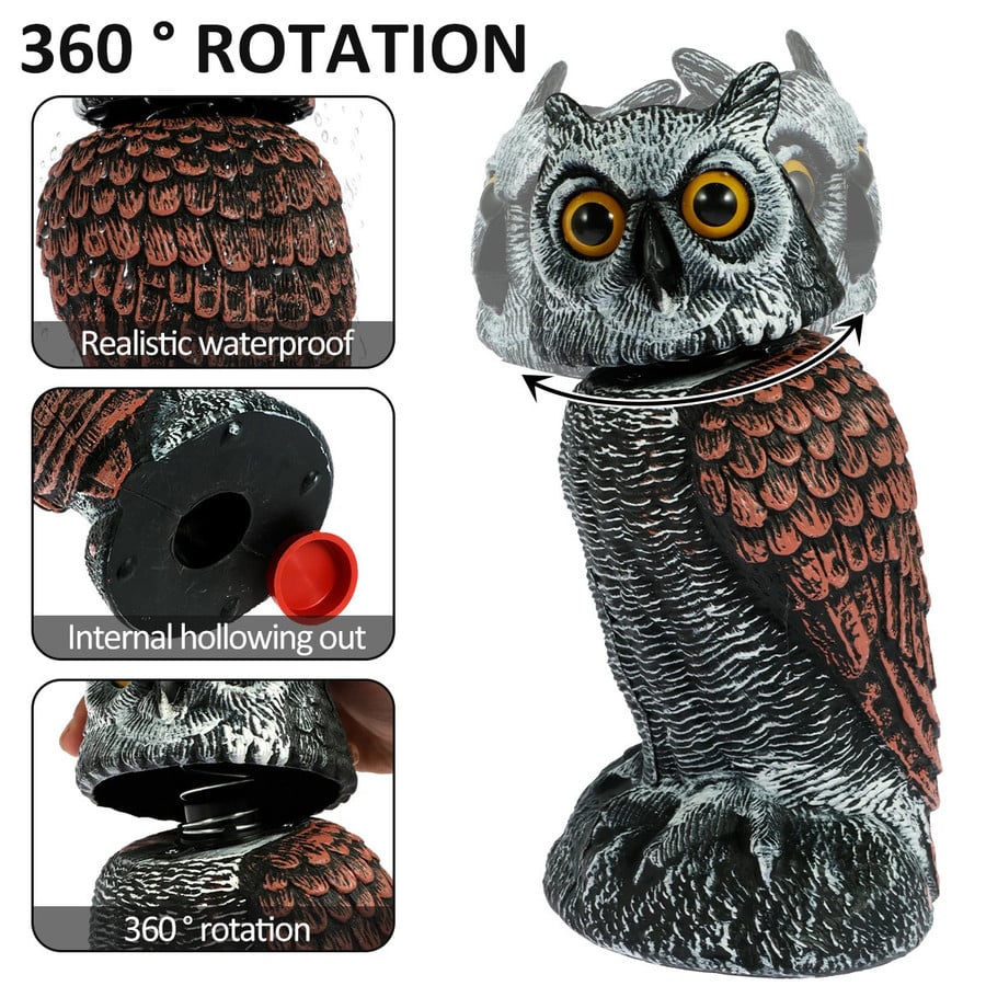 BowLift | EcoOwl Garden Scarecrow – 2 Pieces Realistic Owls with Wind-Driven Spinning Head