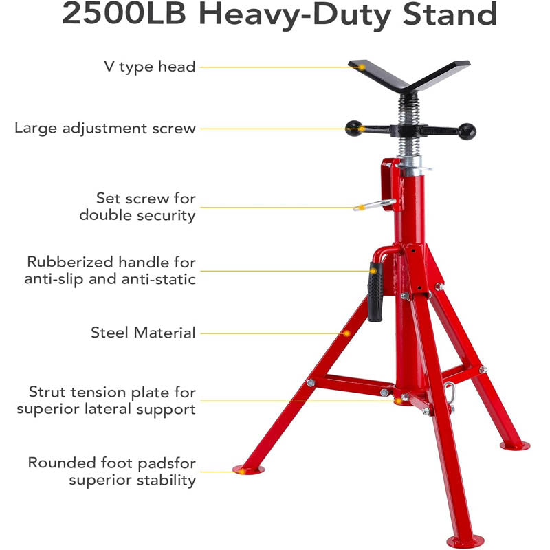 BowLift | V Roller Head Pipe Stand 28-52 Inch Adjustable Height 1/8"-12" Capacity Heavy Duty Carbon Steel Body 2500 lb Load Capacity