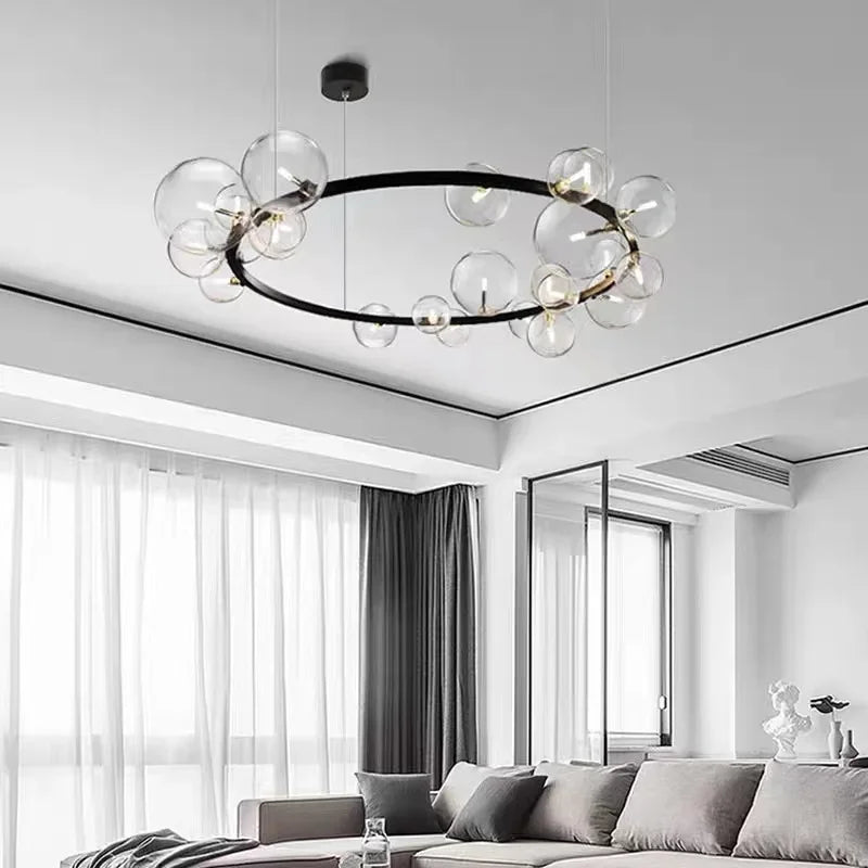 BowLift | Modern creative metal chandelier lighting: 7/10 clear glass bubbles, long round design with G9 light socket