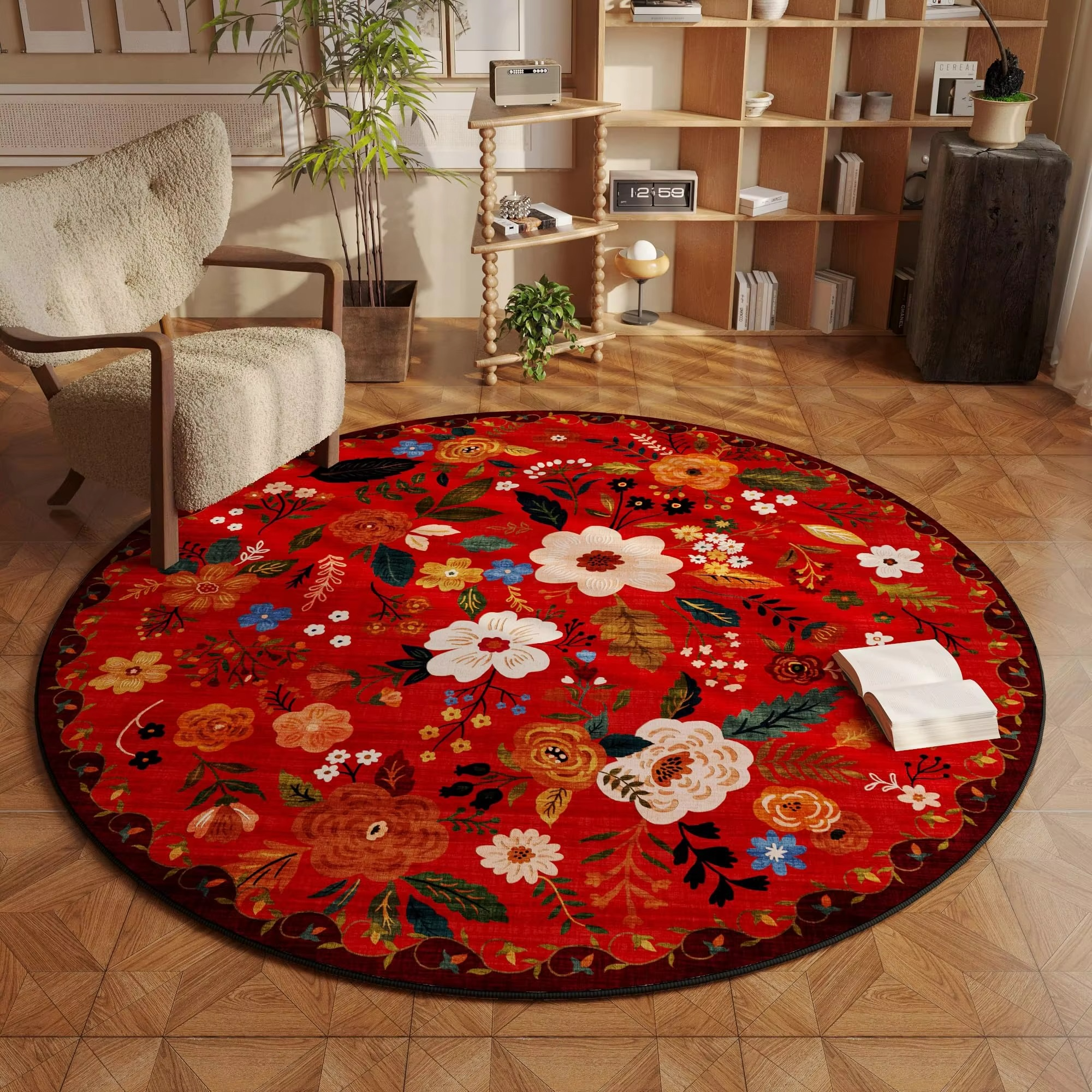BowLift | Beige Round Floral Rug with Washable Non-Slip Backing, Fade Resistant for Living Room