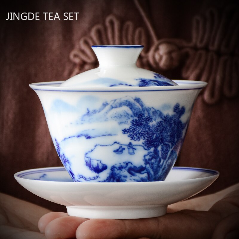 BowLift | PorceVive Gaiwan Tea Cup | Handcrafted Porcelain with Landscape Pattern | Chinese Tea Set with Lid