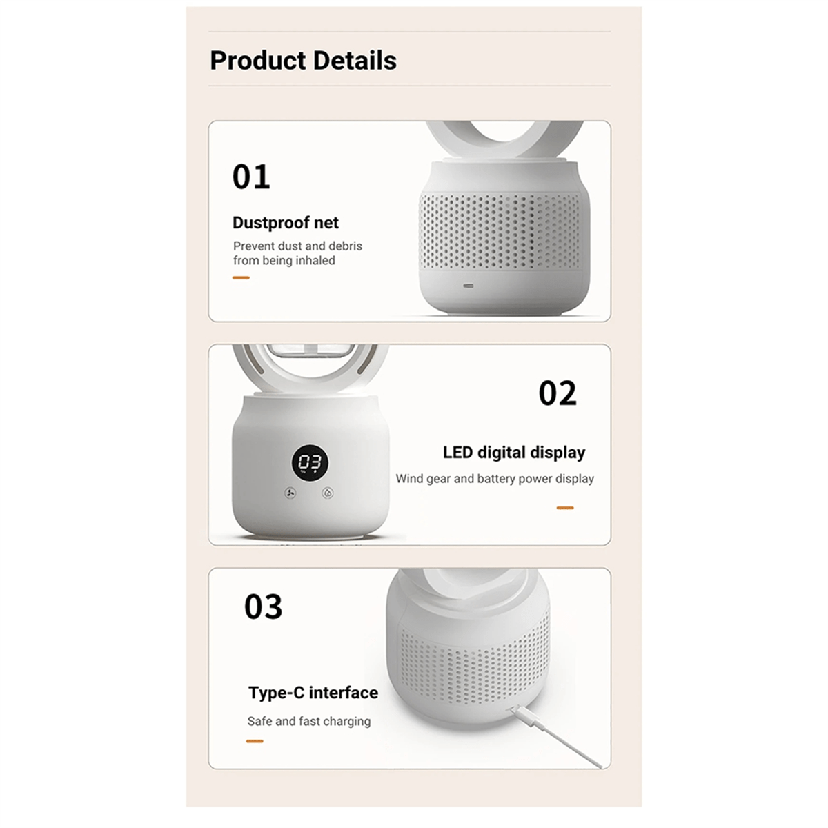 BowLift | Portable fan without blades with humidifier and night light for refreshing comfort