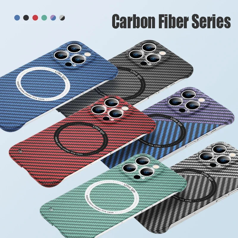 BowLift | Ultra thin carbon fiber magnetic case for iPhone 16 15 ProMax 14 Plus 13 12 11 Pro Max Magsafe wireless charging borderless cover