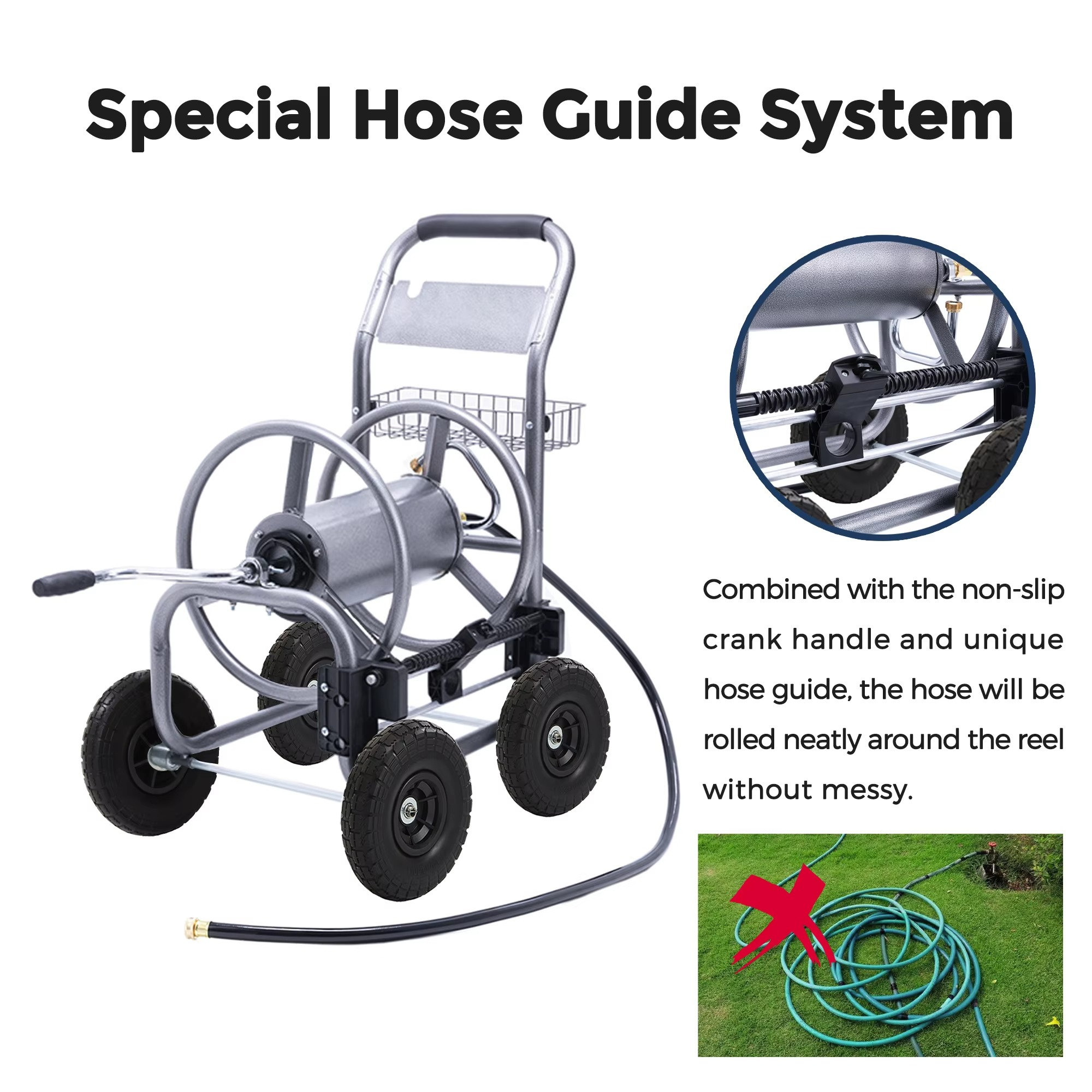 BowLift | Heavy-Duty Hose Reel Cart with Wheels for 250-Foot 5/8-Inch Hose