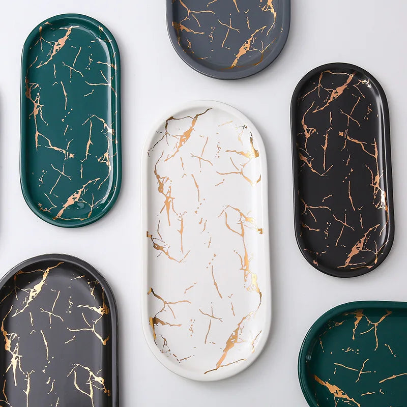 BowLift | Nordic Ins Ceramic Marble Oval Tray Jewelry Storage Tray Accessories Soap Holder Golden Wave Bathroom Cup Bath Decoration