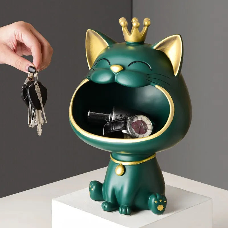 BowLift | Fortune Crown Big Mouth Cat Entrance Key Holder Decorative Ornament, Light Luxury Housewarming Gift Sculpture