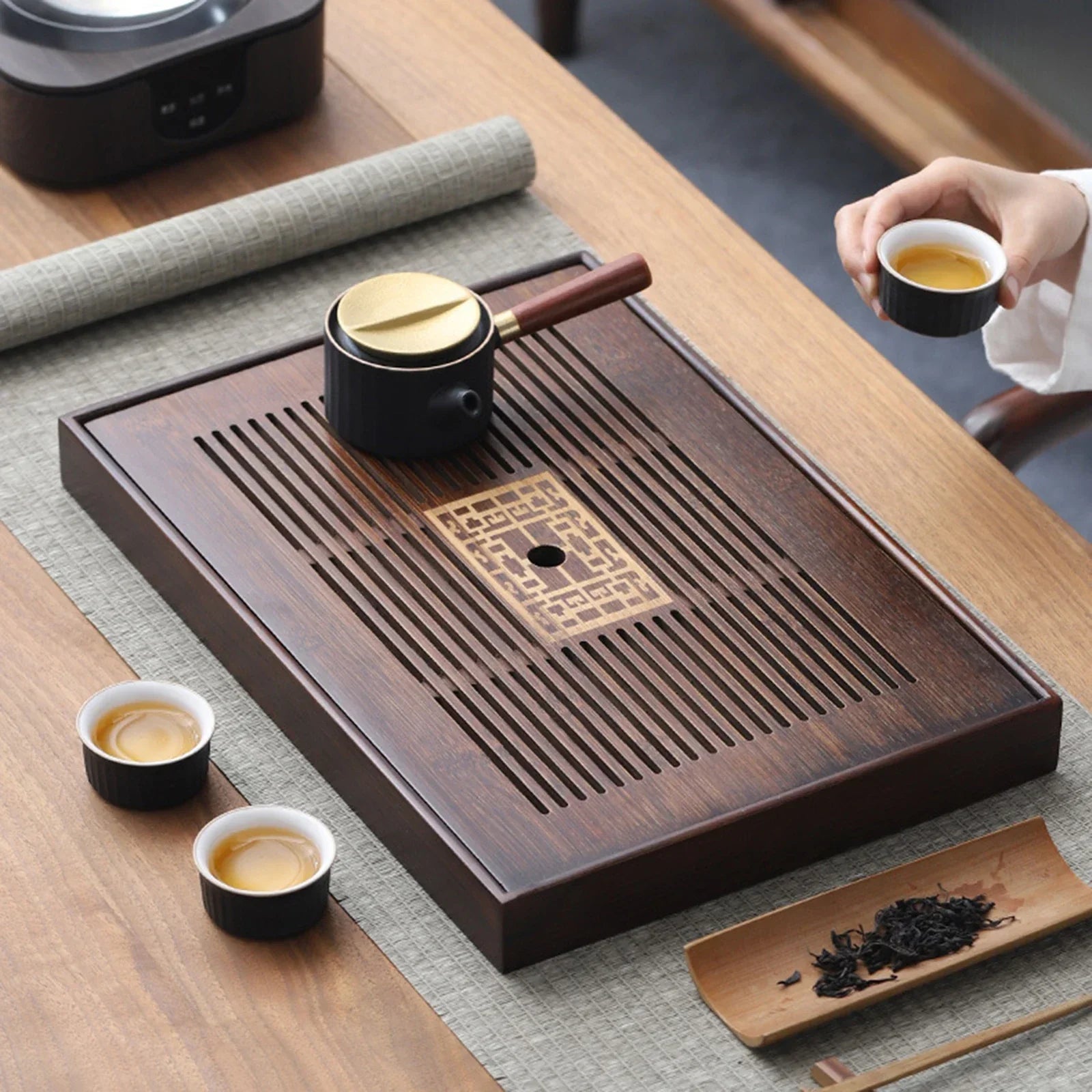 BowLift | Chinese Tea Tray with Water Storage Box Durable Simple Drainage Type Plate Tea Serving Tray for Teahouse Home Household Office