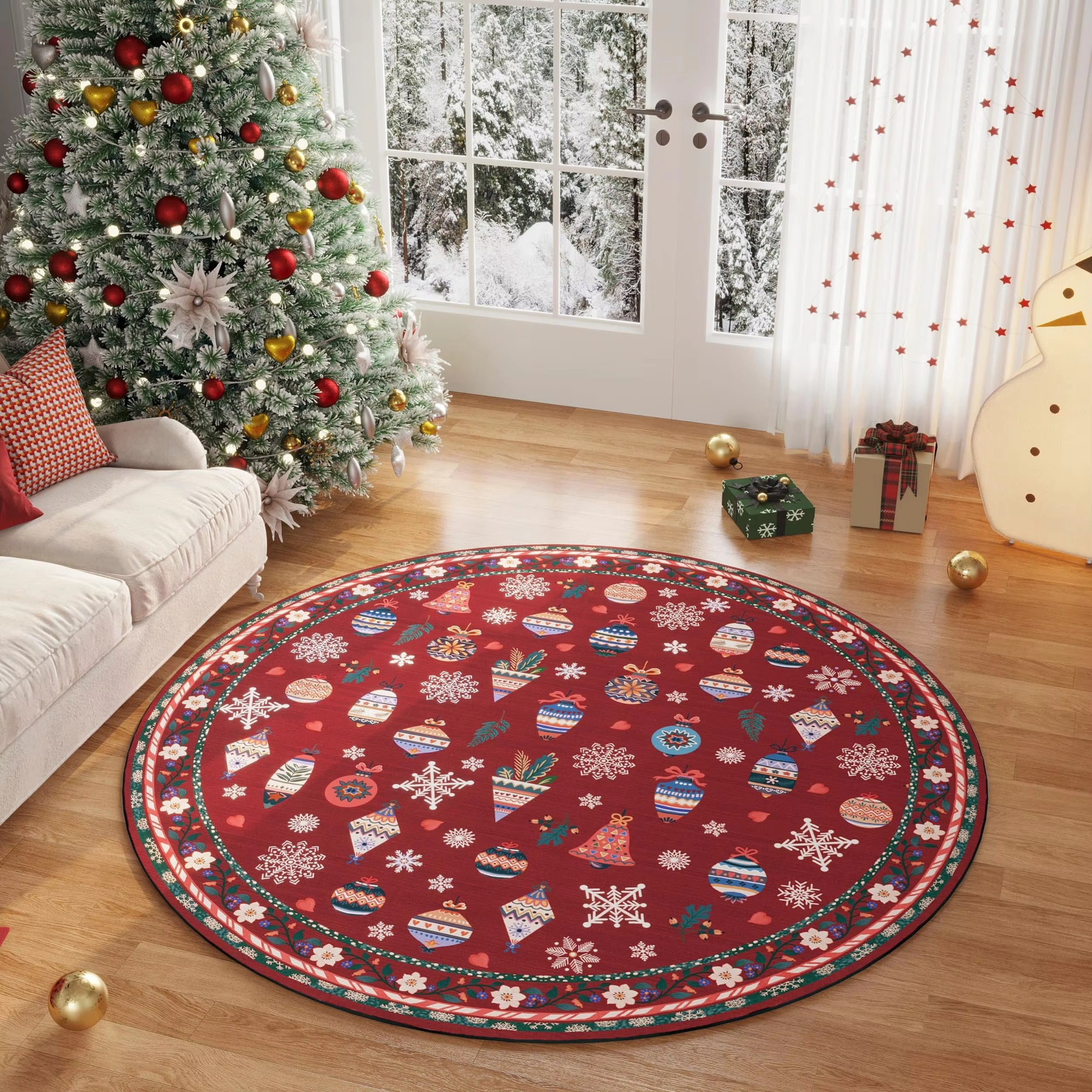 BowLift | Beige Round Floral Rug with Washable Non-Slip Backing, Fade Resistant for Living Room