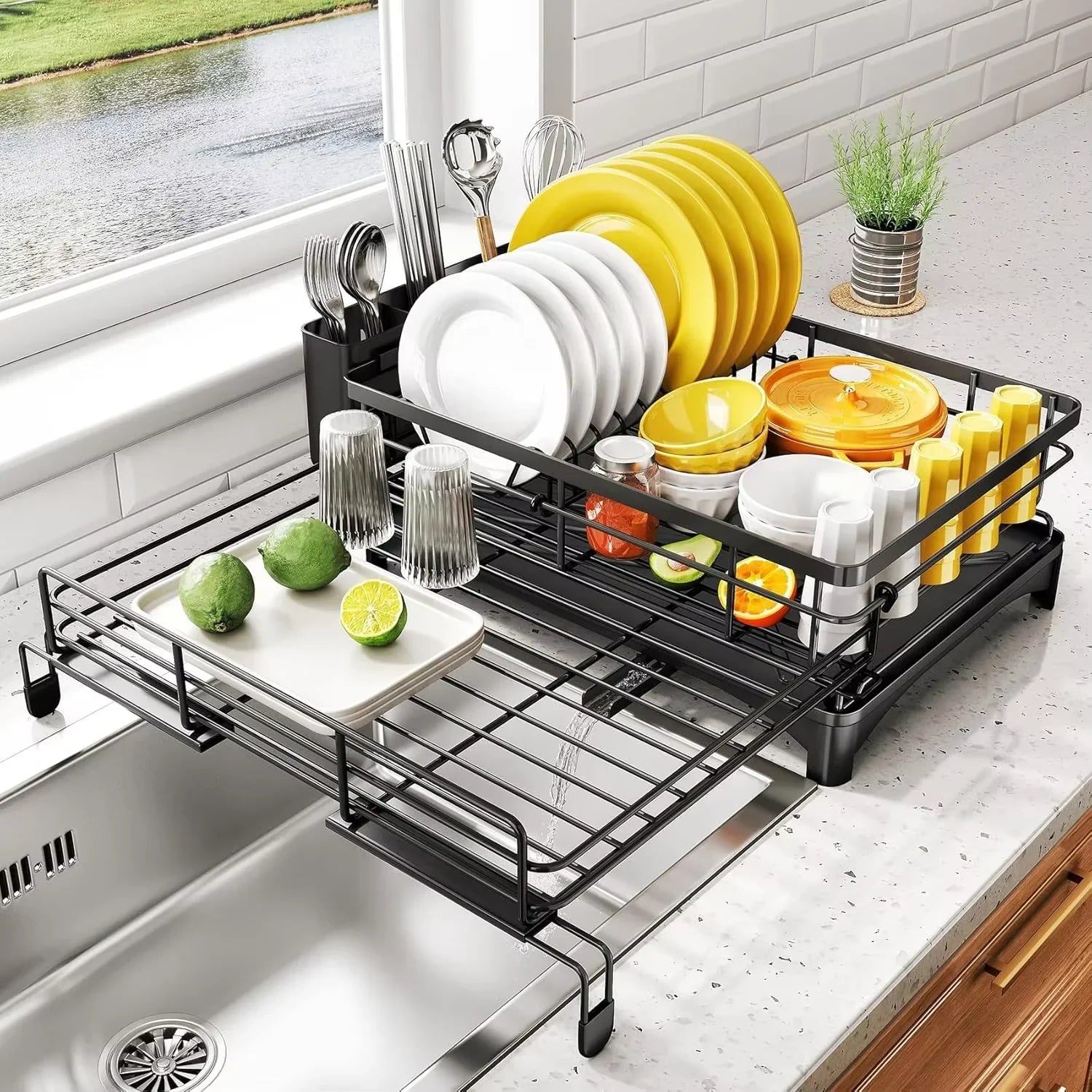 BowLift | Dish Drying Rack with Drainboard & Large Cutlery Holder – Nova