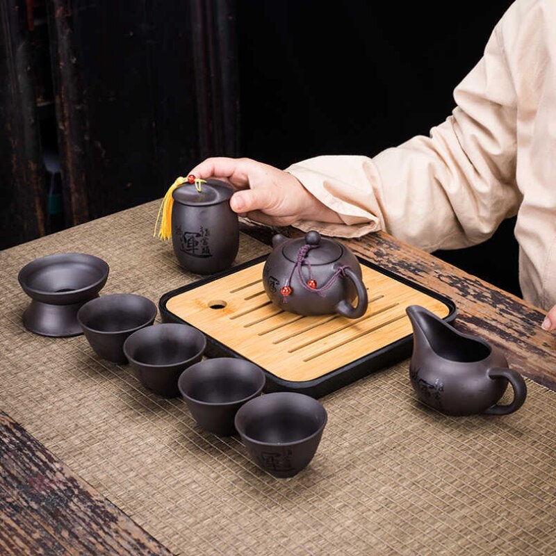 BowLift | 9-piece Set Teawere Retro Designer Cool Purple Sand Ceramic Teapot Set Travel Kong Fu Tea Set Porcelain Purple Sand Pot Tea Strainer