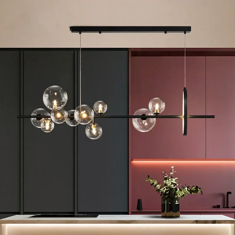 BowLift | Modern Creative Metal Chandelier Lighting: 7/10 Clear Glass Bubbles, Long Round Design with G9 Light Fixture