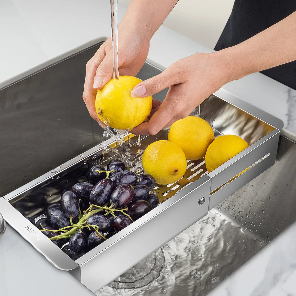 BowLift | Retractable Over Sink Stainless Steel Vegetable Drain Basket