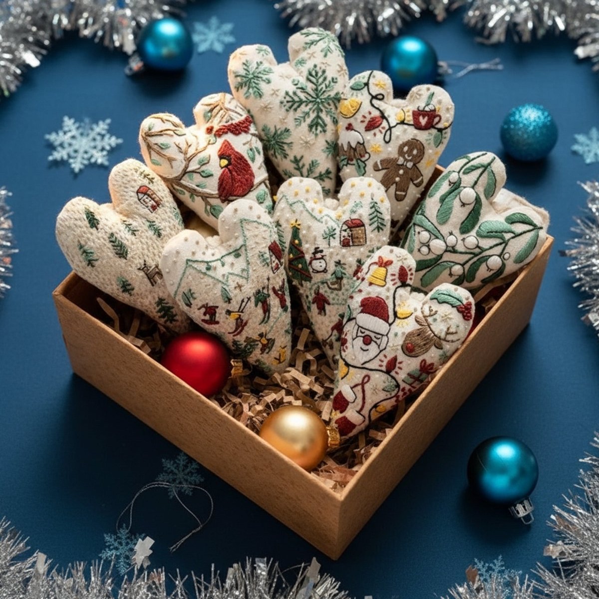 BowLift | DIY embroidery set for heart-shaped Christmas decorations with fabric, thread, and needles