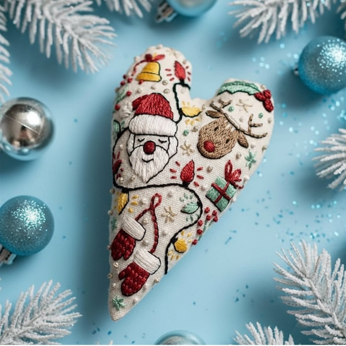 BowLift | DIY embroidery set for heart-shaped Christmas decorations with fabric, thread, and needles