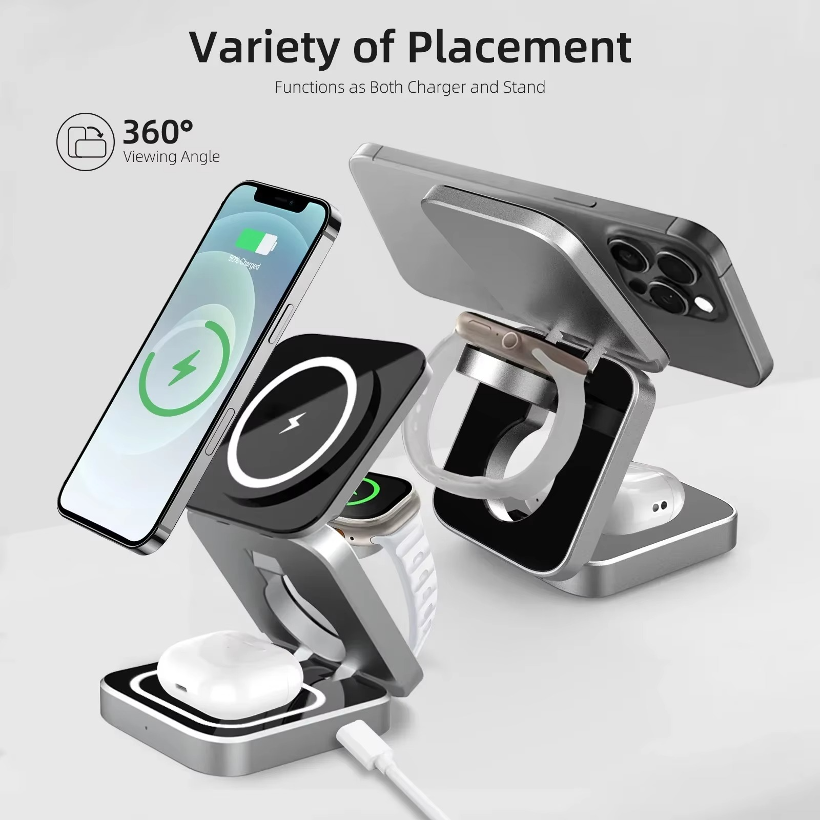 BowLift | 3-in-1 Magnetic Wireless Charger - Fast Foldable Charging Station for Samsung, iPhone & AirPods