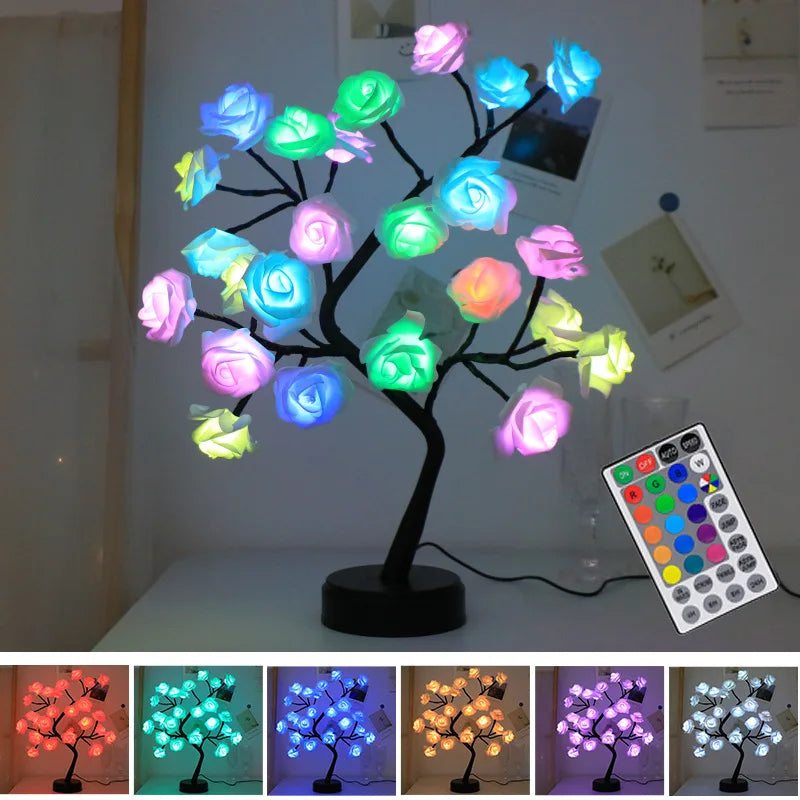 BowLift | RGB Rose Flower Tree Lights 24LED USB Battery Table Lamp Fairy Night Light Home Party Christmas Wedding Bedroom Decoration Gift