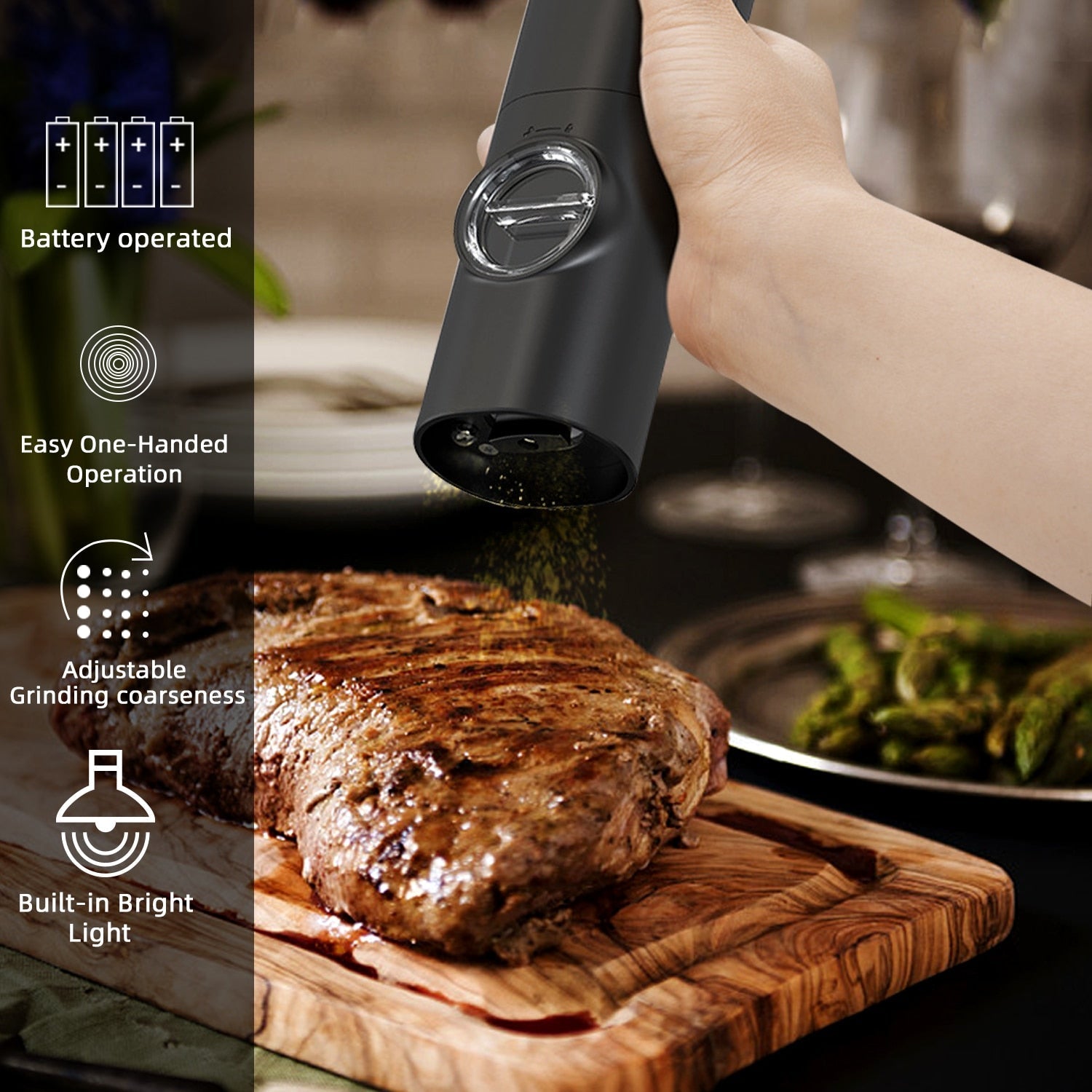 BowLift | Electric automatic pepper and salt mill with LED light and adjustable grind - Perfect for the kitchen or the restaurant