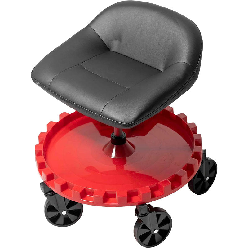 BowLift | Rolling Shop Stool for Garage with Wheels and Tool Tray 400 LBS Capacity All-Terrain 5" Casters Black Red