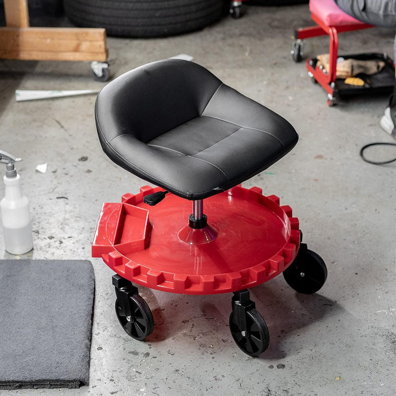 BowLift | Rolling Shop Stool for Garage with Wheels and Tool Tray 400 LBS Capacity All-Terrain 5" Casters Black Red