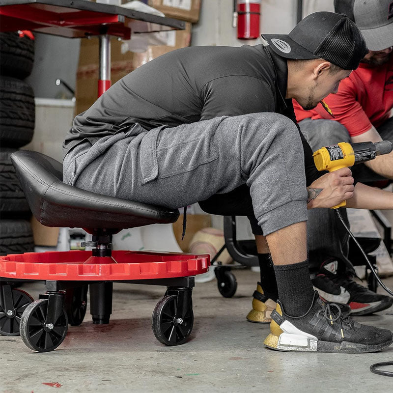 BowLift | Rolling Shop Stool for Garage with Wheels and Tool Tray 400 LBS Capacity All-Terrain 5" Casters Black Red