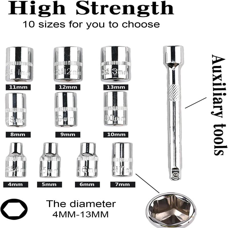 BowLift | 12pcs 1/4 Inch Socket Wrench with 10 Sockets 4-13mm and 2 Way Quick Released Ratchet Handle and Extension Bar