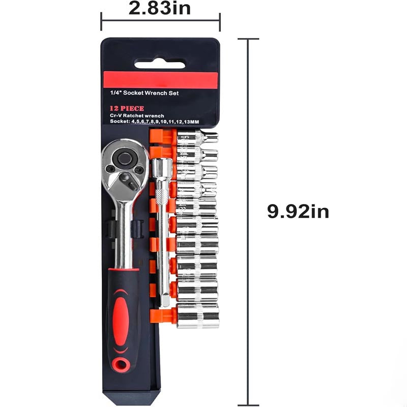 BowLift | 12pcs 1/4 Inch Socket Wrench with 10 Sockets 4-13mm and 2 Way Quick Released Ratchet Handle and Extension Bar