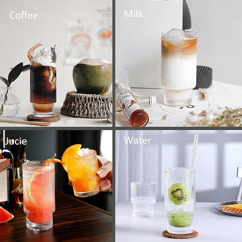 BowLift | 12 oz Ribbed Glassware Drinking Glasses with Straws Set of 4, Iced Coffee Cups Glass Tumbler for Cocktail, Whiskey, Beer, Water