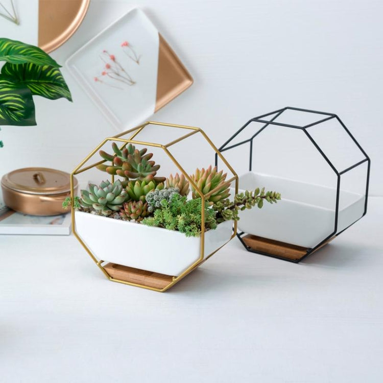 BowLift | Simple octagonal geometric wall hanging table succulent plate bamboo support iron frame flower pot (black)