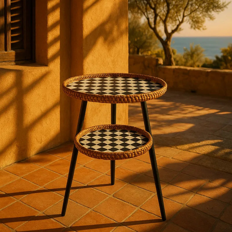 BowLift | Double Side Table with Artistic Mosaic Pattern - Rattan & Wood