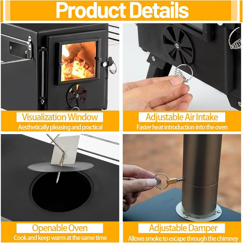 BowLift | Tent Wood Stove Small Wood Stove with 7 Stainless Chimney Pipes for Outdoor Heating & Cooking