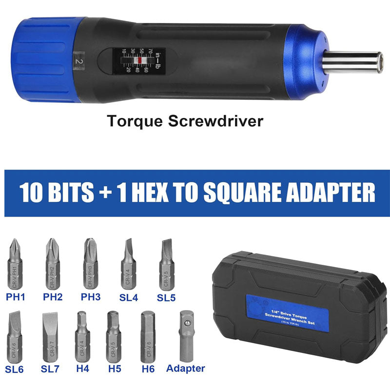 BowLift | 1/4 inch Drive Torque Screwdriver Wrench 10 to 70 Inch Pounds Torque Wrench with Bits &Case