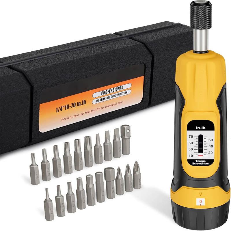 BowLift | 1/4”Torque Screwdriver 10-70 in-lbs Torque Wrench Screwdriver Set with 20 S2 Bits and Case for Tools