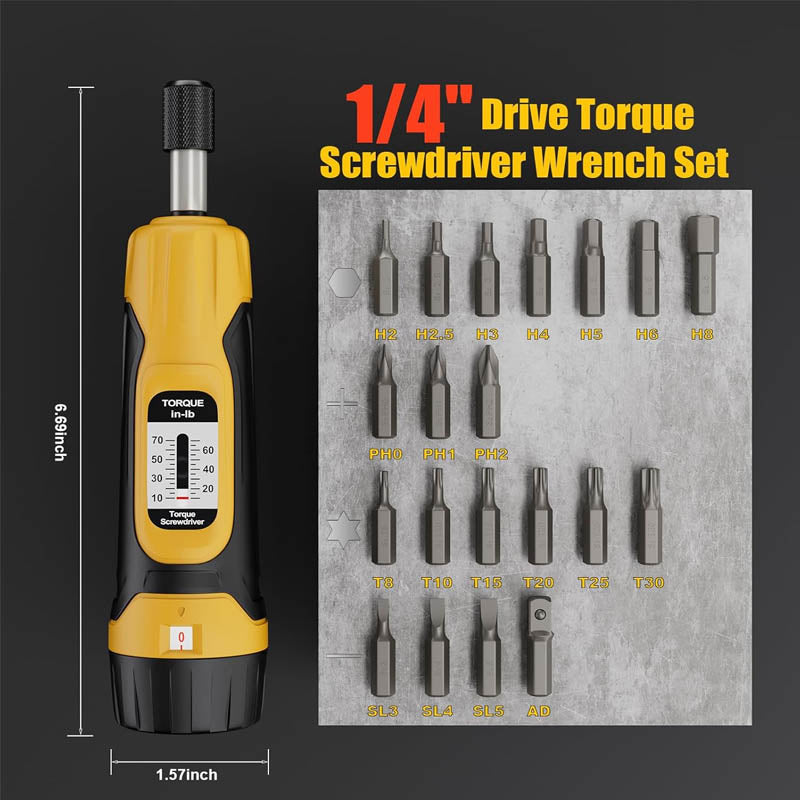 BowLift | 1/4”Torque Screwdriver 10-70 in-lbs Torque Wrench Screwdriver Set with 20 S2 Bits and Case for Tools