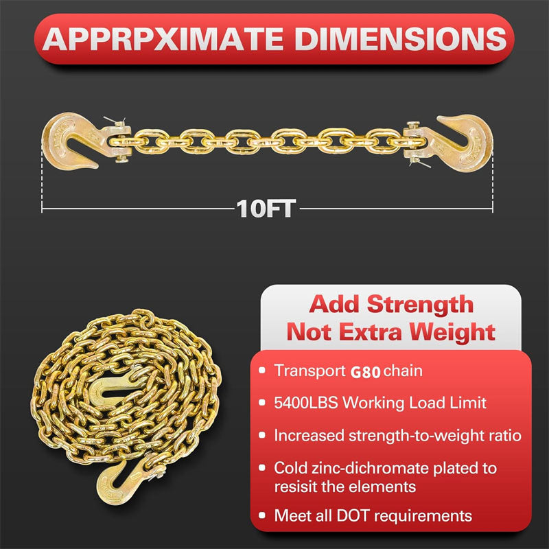 BowLift | Tow Chain 3/8"×10FT G80 Binder Chain with G70 Hooks 5400 lbs Safe Working Load Logging Chain