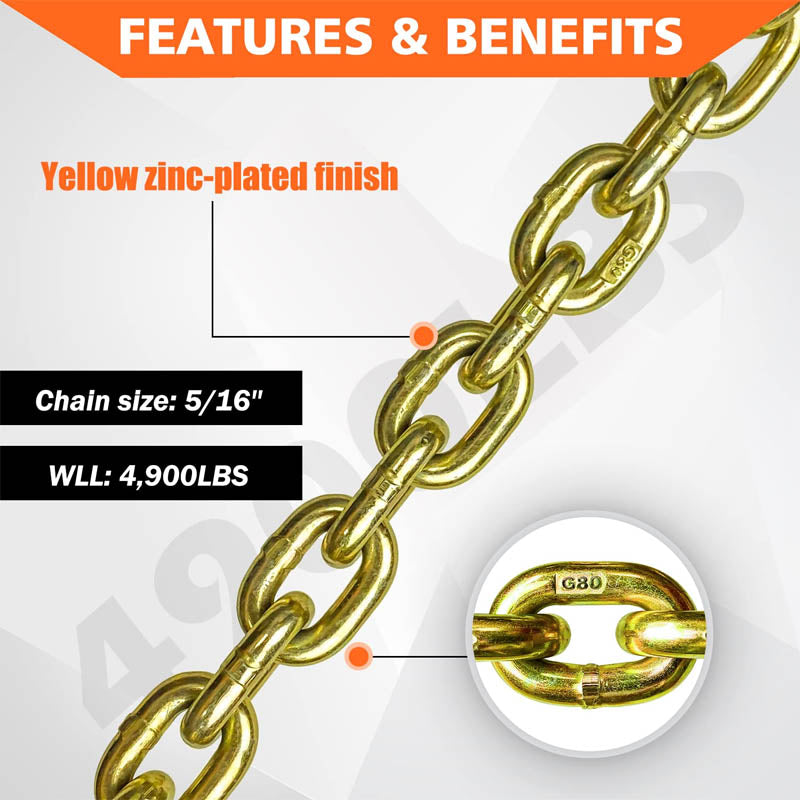 BowLift | G80 Tie Down Tow Chain with Clevis Grab Hooks 4,900 lbs Safe Working Load for Transporting Towing Tie Down Binding Equipment