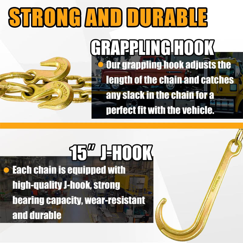 BowLift | Tow Chain 3/8In x 2Ft Towing Chain Bridle with J Hooks and Grab Hooks Grade 80 Chain V-Bridle