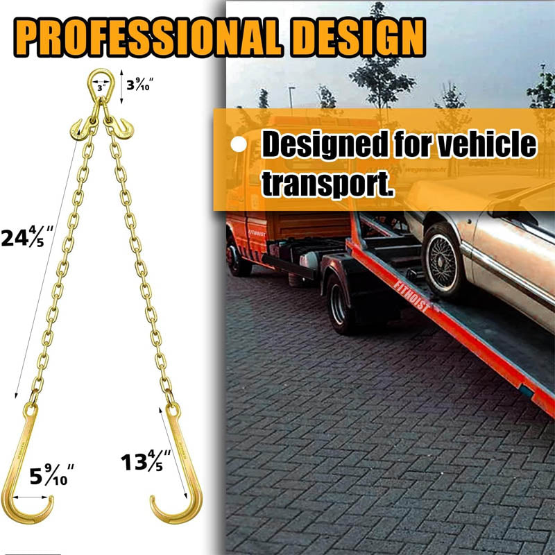 BowLift | Tow Chain 3/8In x 2Ft Towing Chain Bridle with J Hooks and Grab Hooks Grade 80 Chain V-Bridle