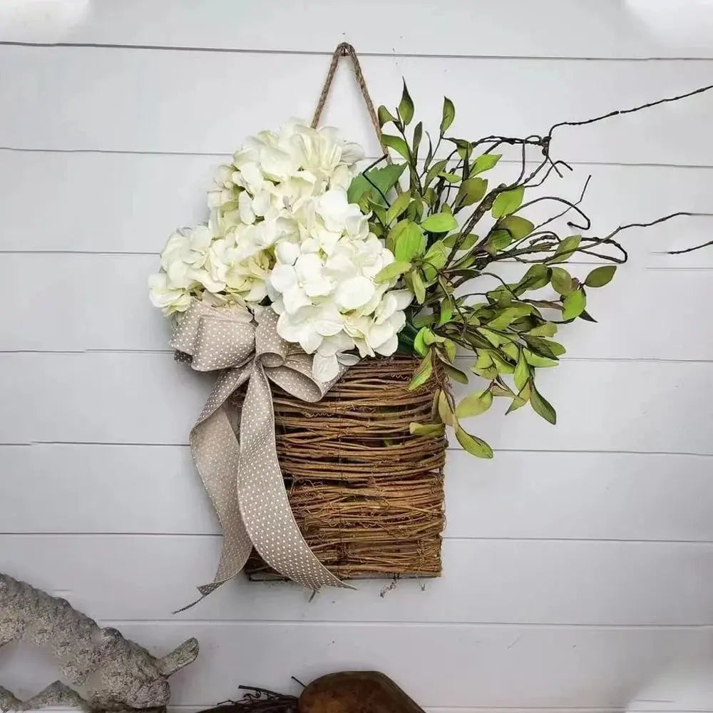 BowLift | Door hanger with cream hydrangeas – rattan basket wreath with artificial flowers