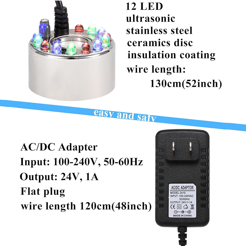 BowLift | Ultrasonic Mist Maker Splashproof Float 12 LED Atomizer Indoor Fountain Small Atomizer Fish Tank AC/DC Adapter Atomizer Large Pot Stainless Steel Atomizer Ultrasonic Humidifier Indoor Sprayer Atomizer Decoration