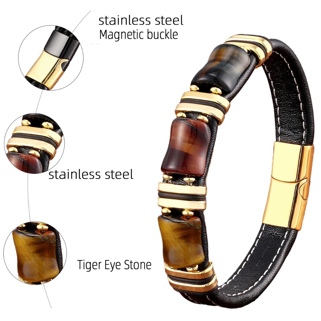 BowLift | Bracelet Leather Gold | Tiger Eye Beaded Men’s Jewelry