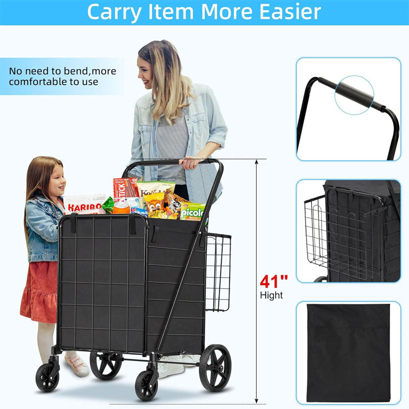 BowLift | Utility Carts with 360 Degree Rolling Swivel Grocery Cart with Removable Oxford Cloth Liner 220lb Capacity Black