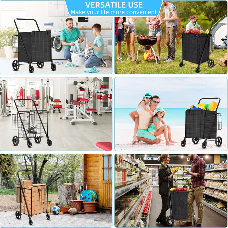 BowLift | Utility Carts with 360 Degree Rolling Swivel Grocery Cart with Removable Oxford Cloth Liner 220lb Capacity Black