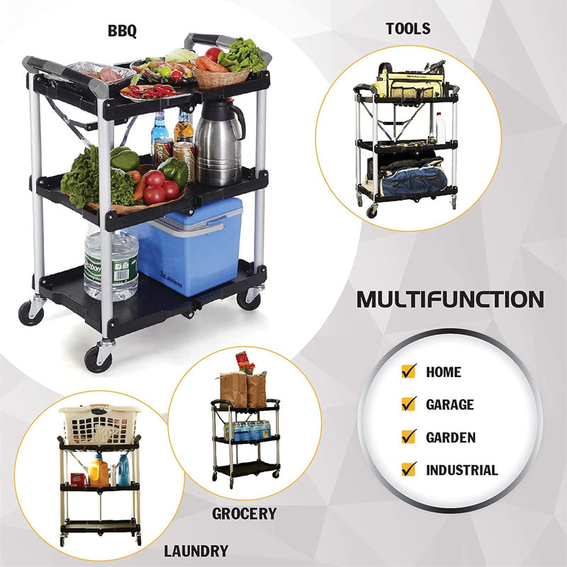 BowLift | Utility Carts Foldable Utility Service Cart Shelf 150LBS Heavy Duty Plastic Rolling Cart Folding Collapsible Service Cart
