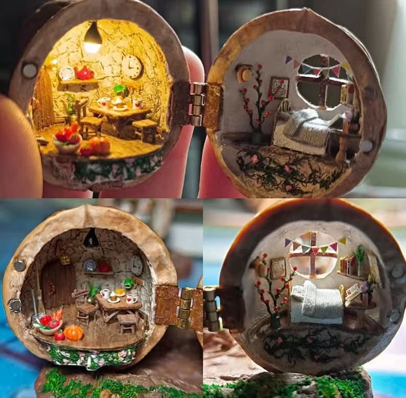 BowLift | Handcrafted dollhouse made from walnut shells with interior light