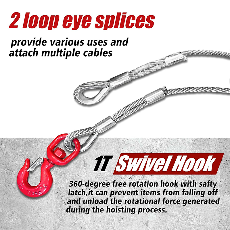 BowLift | Galvanized Steel Winch Cable, 3/8" Heavy Duty Towing Cable, 10582 lb Breaking Strength, with 1T Swivel Hook and 2 Aluminum Eyes, 6x19 Strand Core Cable, for Crane Trailers (50ft)