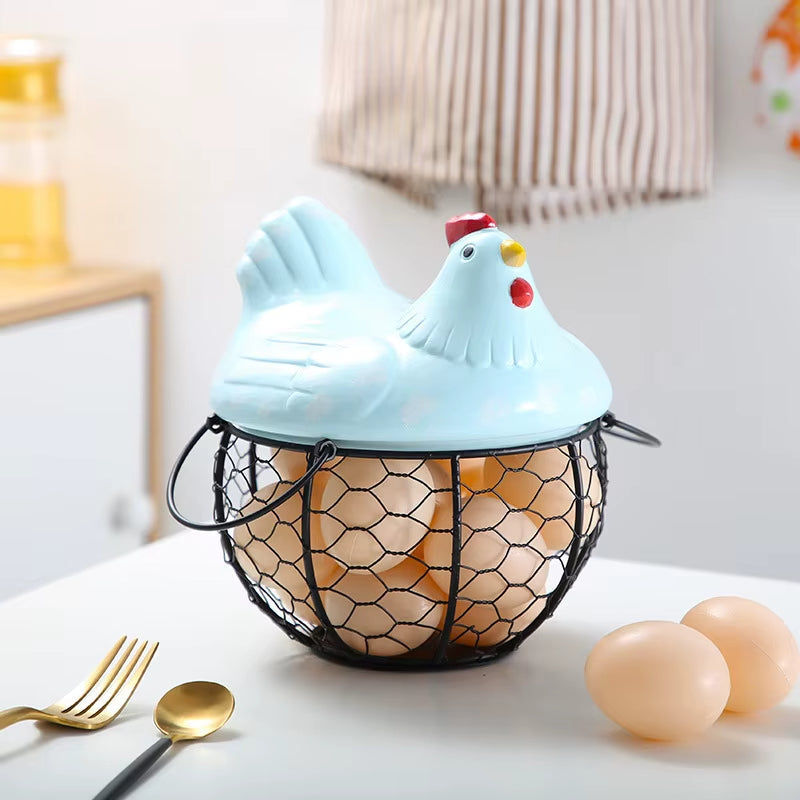 BowLift | Ceramic Egg Holder Chicken with Wire Basket