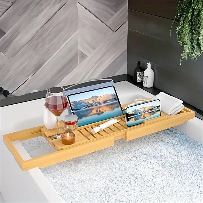 BowLift | Aurevo Bamboo Bath Caddy | Extendable luxury bathtub tray with wine glass & book holder