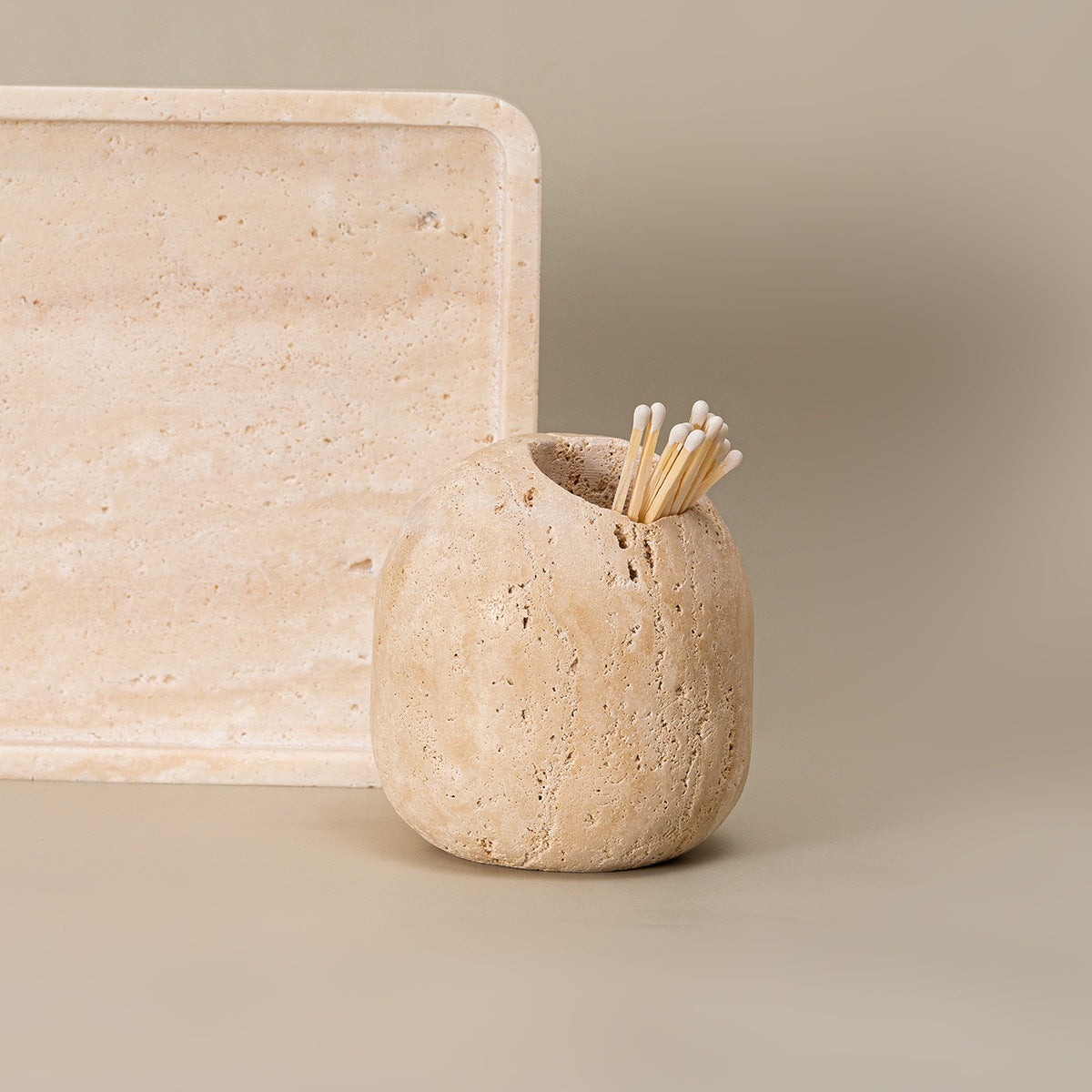 BowLift | Beige Travertine Stone Match Holder and Toothpick Jar
