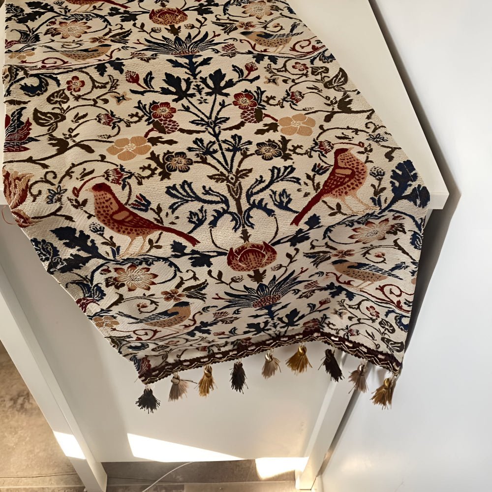 BowLift | EVERBLOOM LINENS – Elegant Table Runner with Floral & Bird Jacquard Design