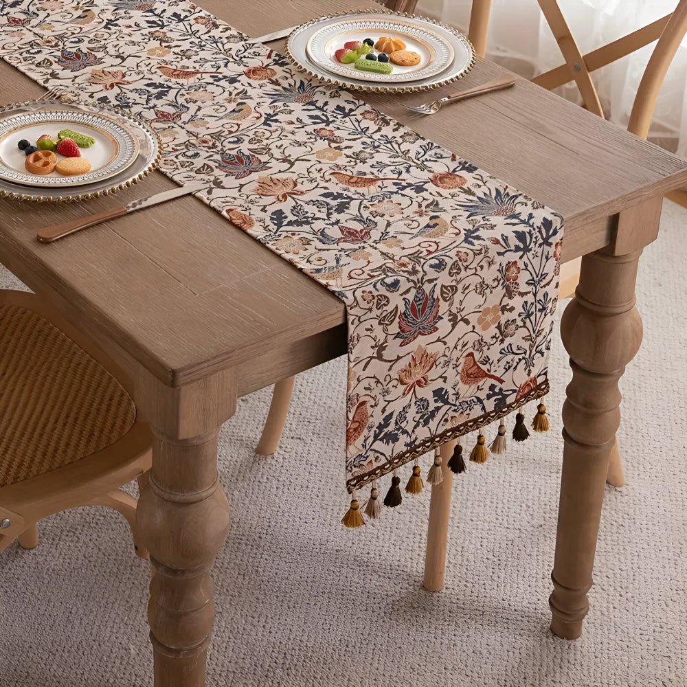 BowLift | EVERBLOOM LINENS – Elegant Table Runner with Floral & Bird Jacquard Design